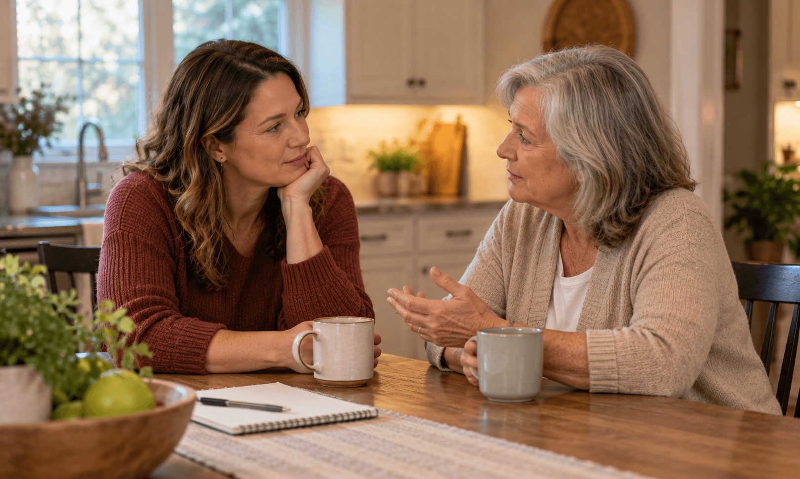 Parent and adult child having a difficult but caring conversation