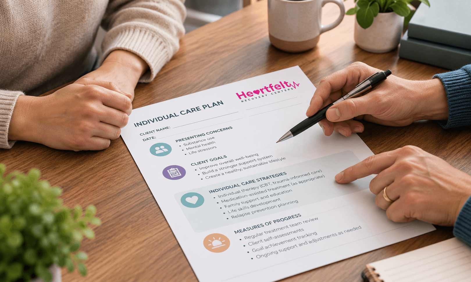  Clinician and client reviewing a personalized care plan document 