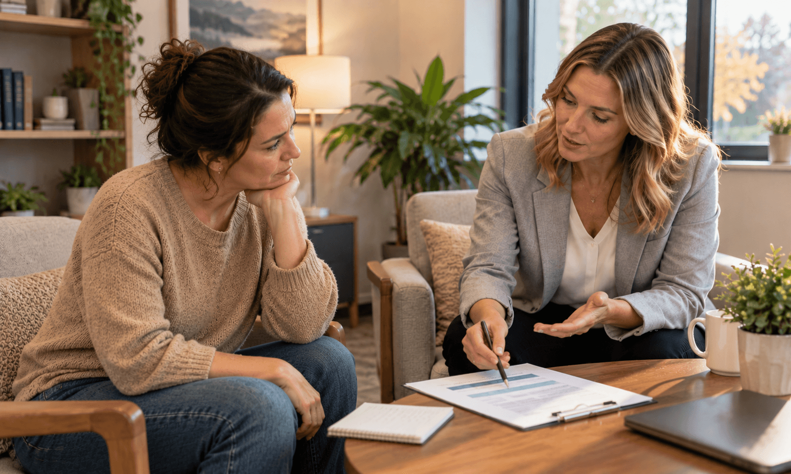 Therapist and client reviewing a written relapse prevention plan