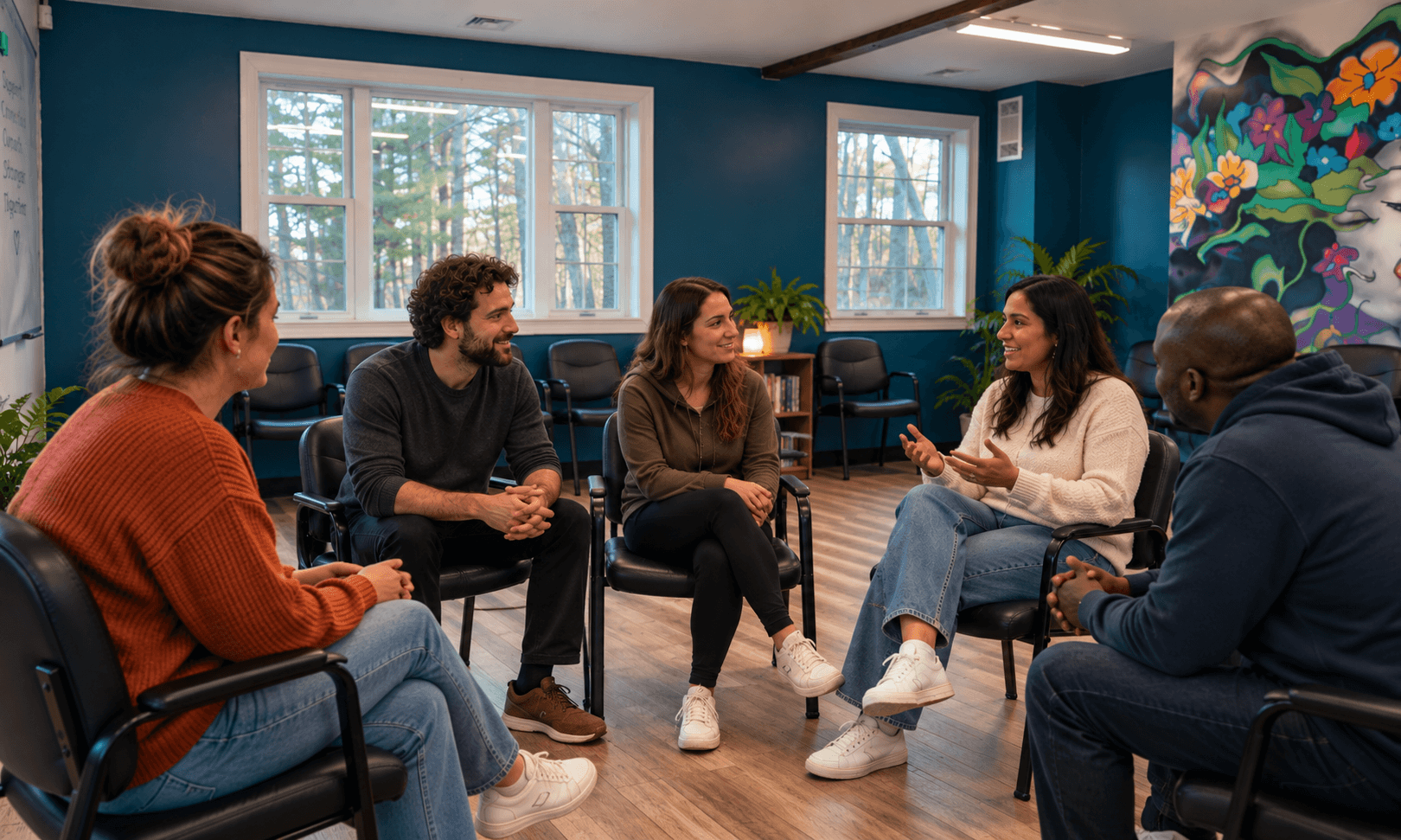 Residents gathered for a house meeting in a sober living home 