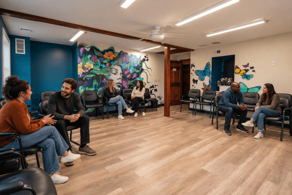 Shared living room in a sober living home with residents talking
