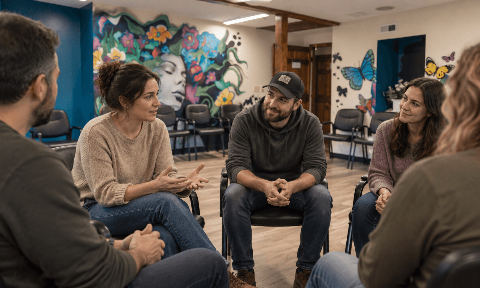 Small group support meeting in a recovery setting