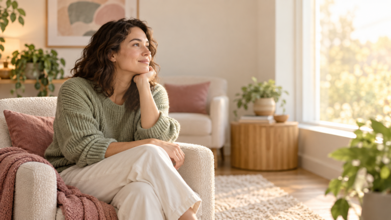 A person sitting thoughtfully in a calm, sunlit counseling space