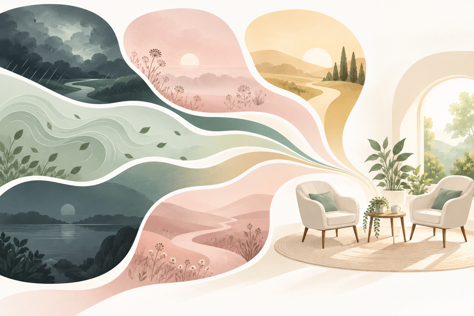 Abstract pathways in different colors leading toward a calm counseling space